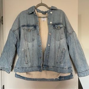 Oversized Zara Sherpa Lined Light Wash Denim Jean Jacket, Longer in the back